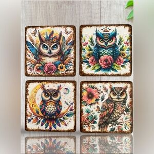 Handmade Square Colorful Owl & Floral Wood Coasters - Set of 4